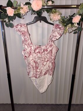 Express White Bodysuit with Burgundy Floral Print